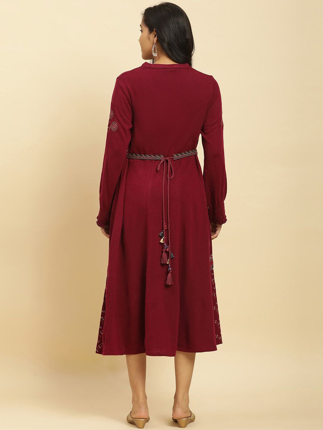 W Ethnic Motifs Embroidered Long Sleeves Acrylic Fit & Flare Midi Ethnic Dress