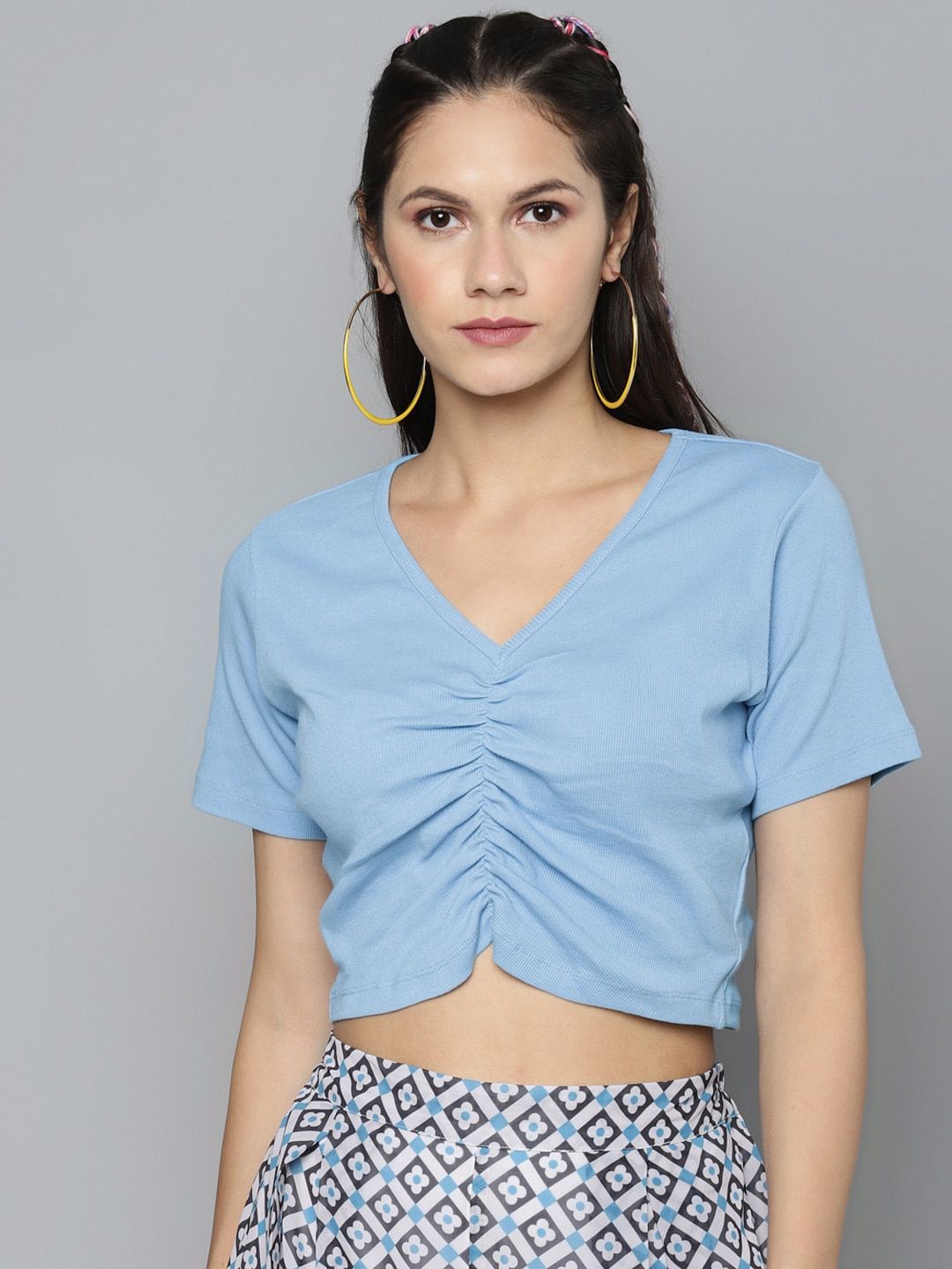 Sassafras Blue Ribbed V-Neck Ruched Fitted Crop Top