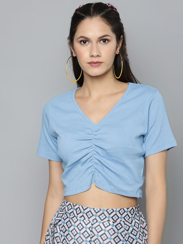 Sassafras Blue Ribbed V-Neck Ruched Fitted Crop Top
