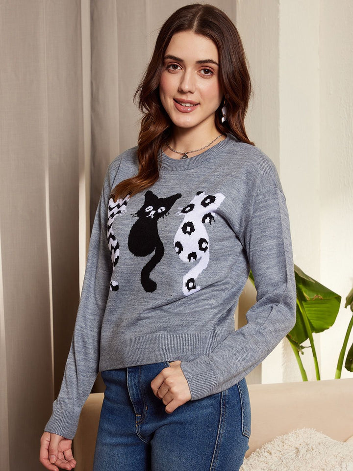 Berrylush Grey & Black Graphic Printed Acrylic Pullover Sweater