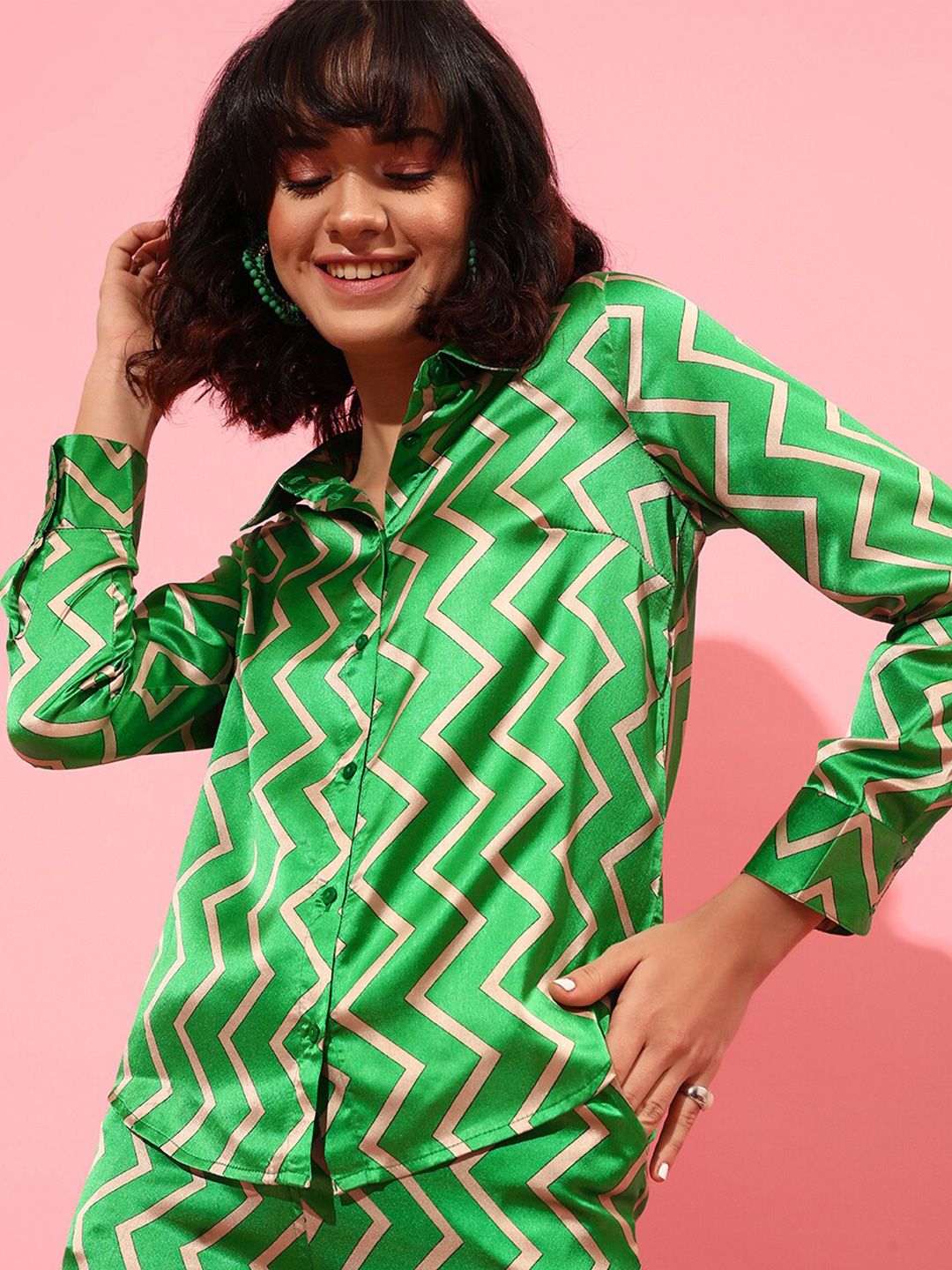 STREET 9 Chevron Printed Casual Satin Shirt
