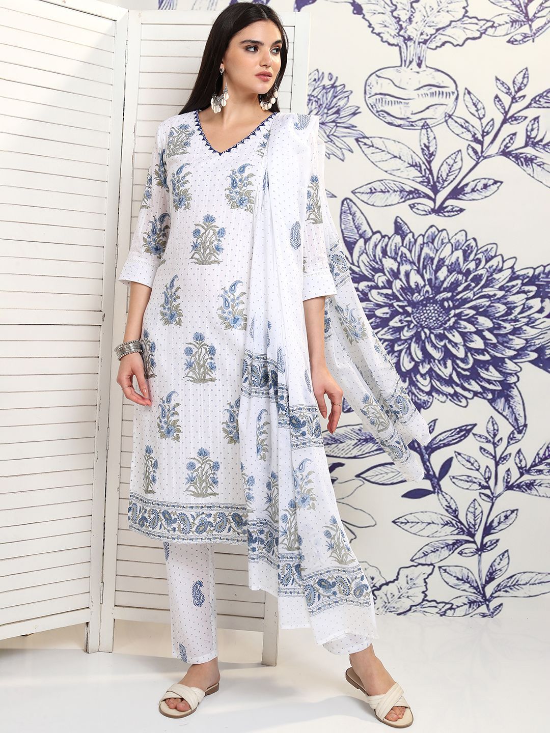 Vishudh Floral Printed Pure Cotton Straight Kurta & Trousers With Dupatta