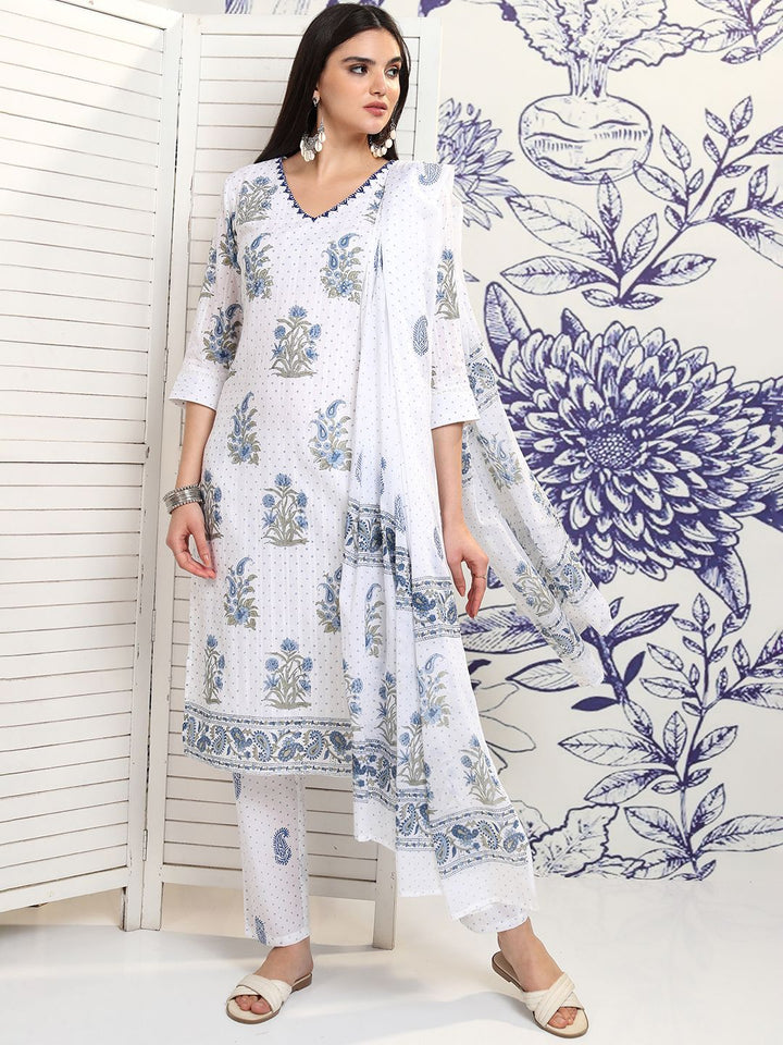 Vishudh Floral Printed Pure Cotton Straight Kurta & Trousers With Dupatta