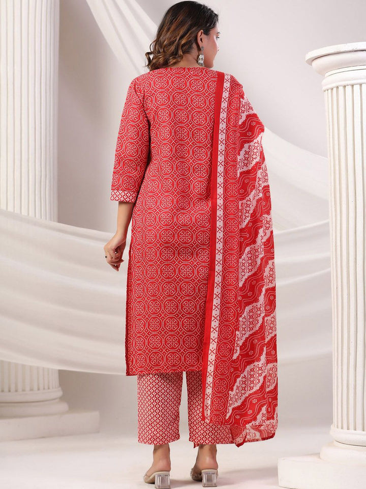 Indo Era Bandhani Printed Notch Neck Pure Cotton Kurta With Trousers & Dupatta