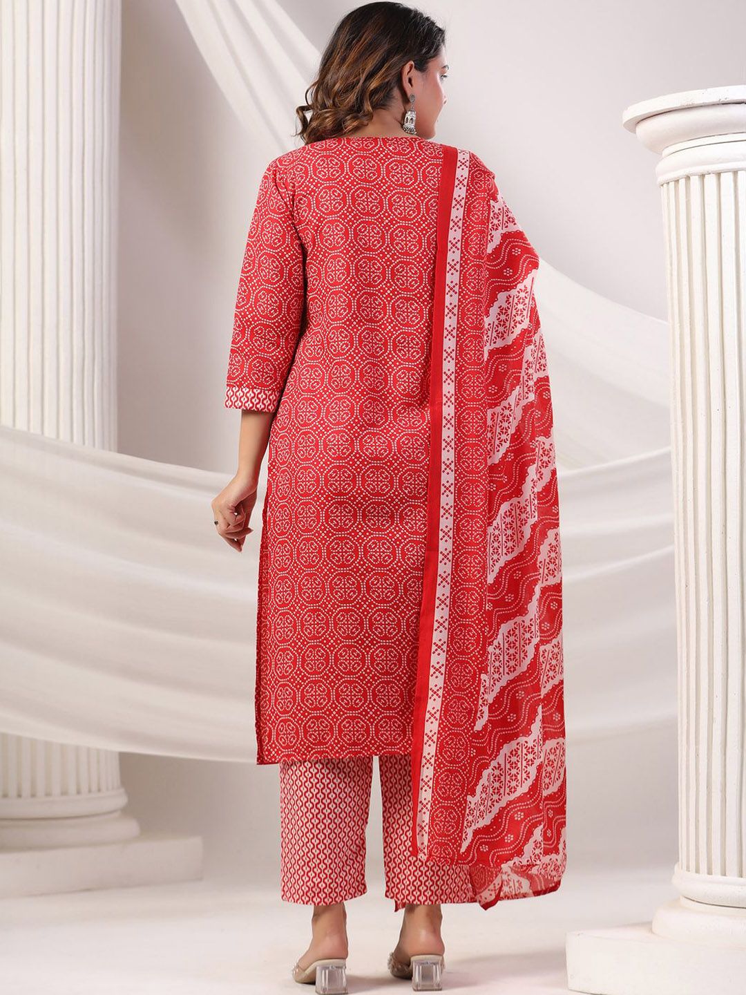 Indo Era Bandhani Printed Notch Neck Pure Cotton Kurta With Trousers & Dupatta