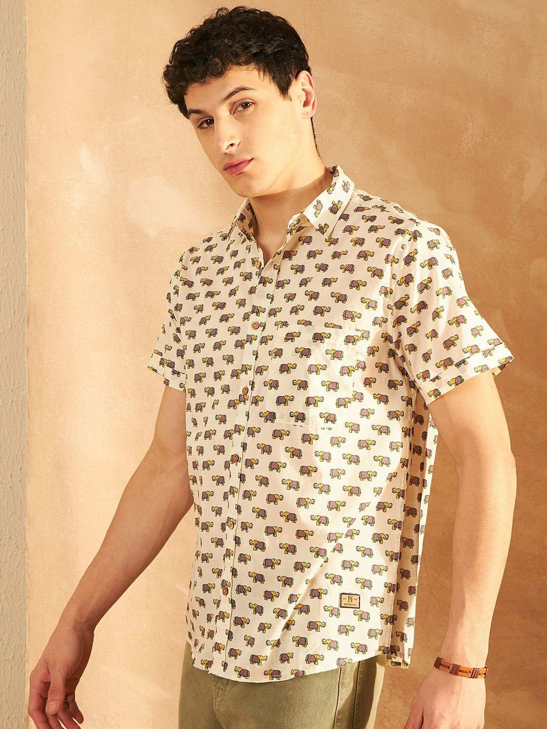 DENNISON Smart Ethnic Motifs Printed Spread Collar Cotton Oversized Lightweight Shirt