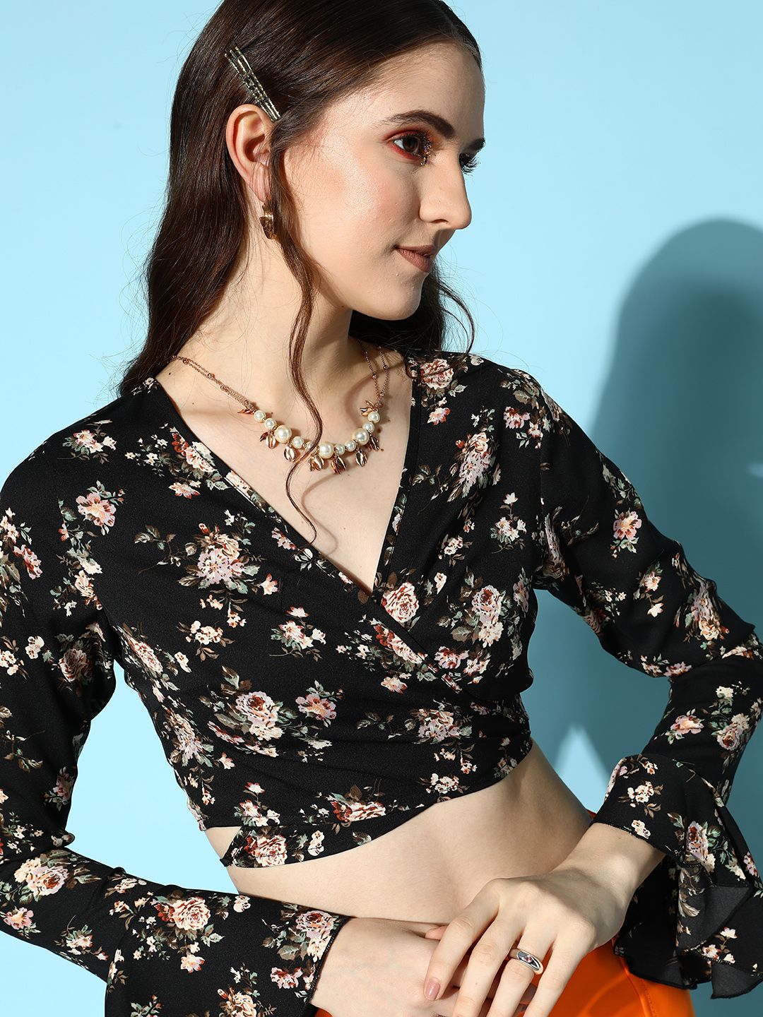 Berrylush Black Floral Print Crepe Wrap Crop Top