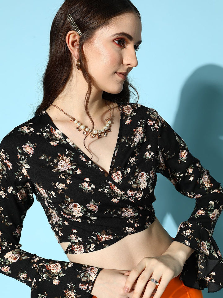 Berrylush Black Floral Print Crepe Wrap Crop Top