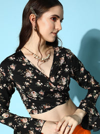 Berrylush Black Floral Print Crepe Wrap Crop Top