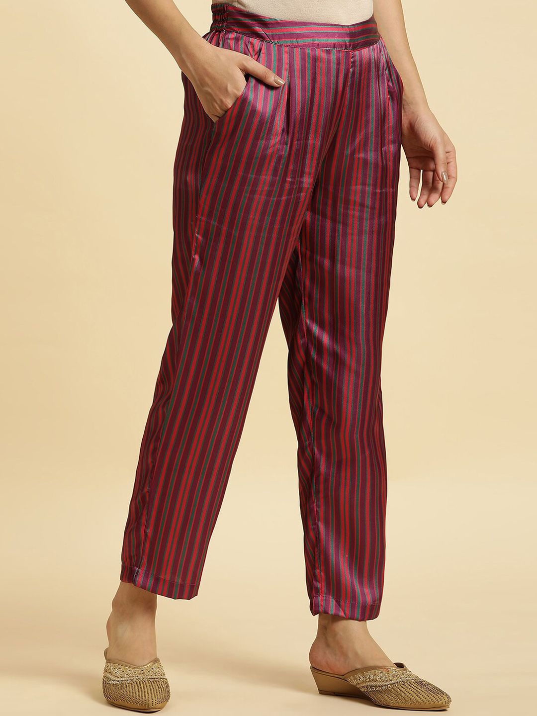 W Women Striped Straight Fit Pleated Trousers