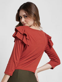 SPYKAR Self Design Boat Neck Ruffles Detail Cotton Top