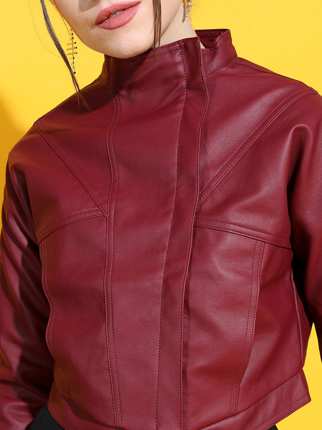 Tokyo Talkies Women Burgundy Crop Biker Jacket