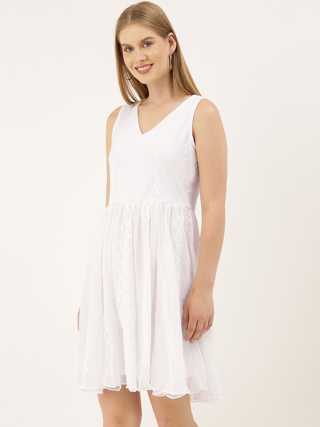 AND Women White Self Design Fit and Flare Dress