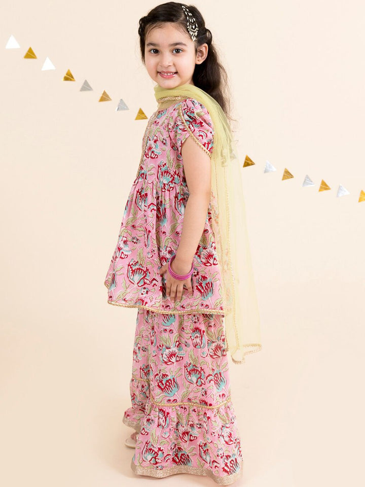 pspeaches Girls Pink Floral Printed Gotta Patti Pure Cotton Kurti with Palazzos With Dupatta