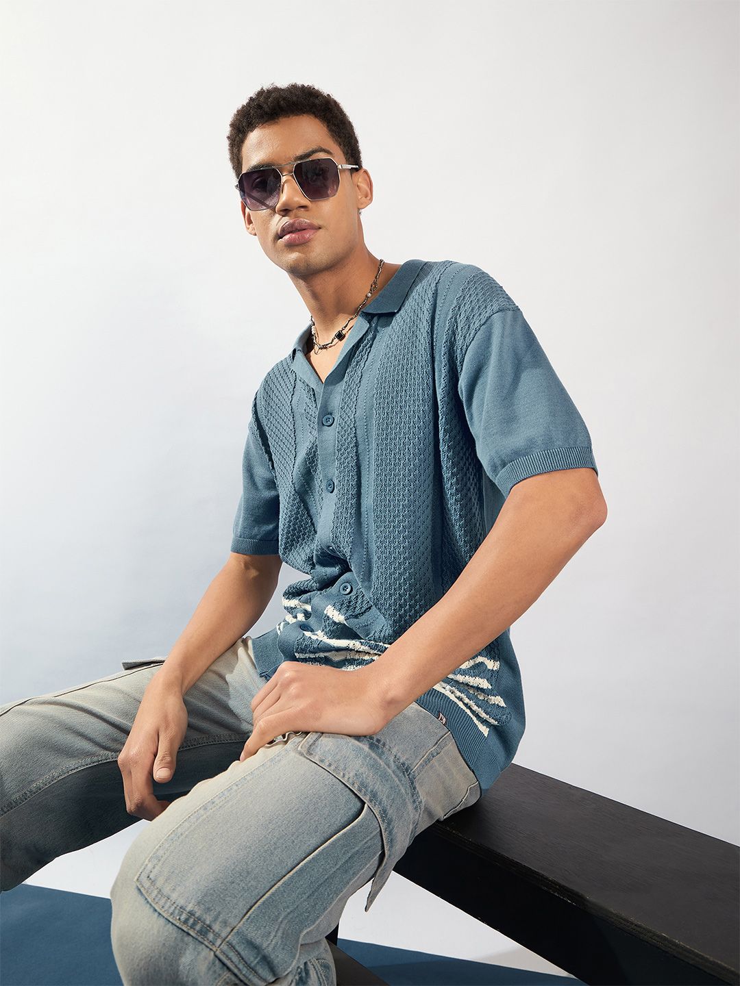 DENNISON Textured Polo Collar Front Open T-Shirt