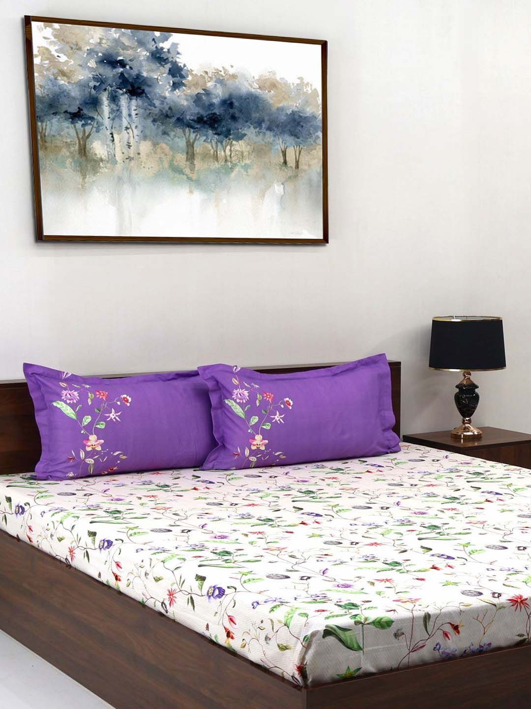 BOMBAY DYEING Blooming Muse Purple Floral Cotton 144 TC King Bedsheet Set 2.74 x 2.74 m