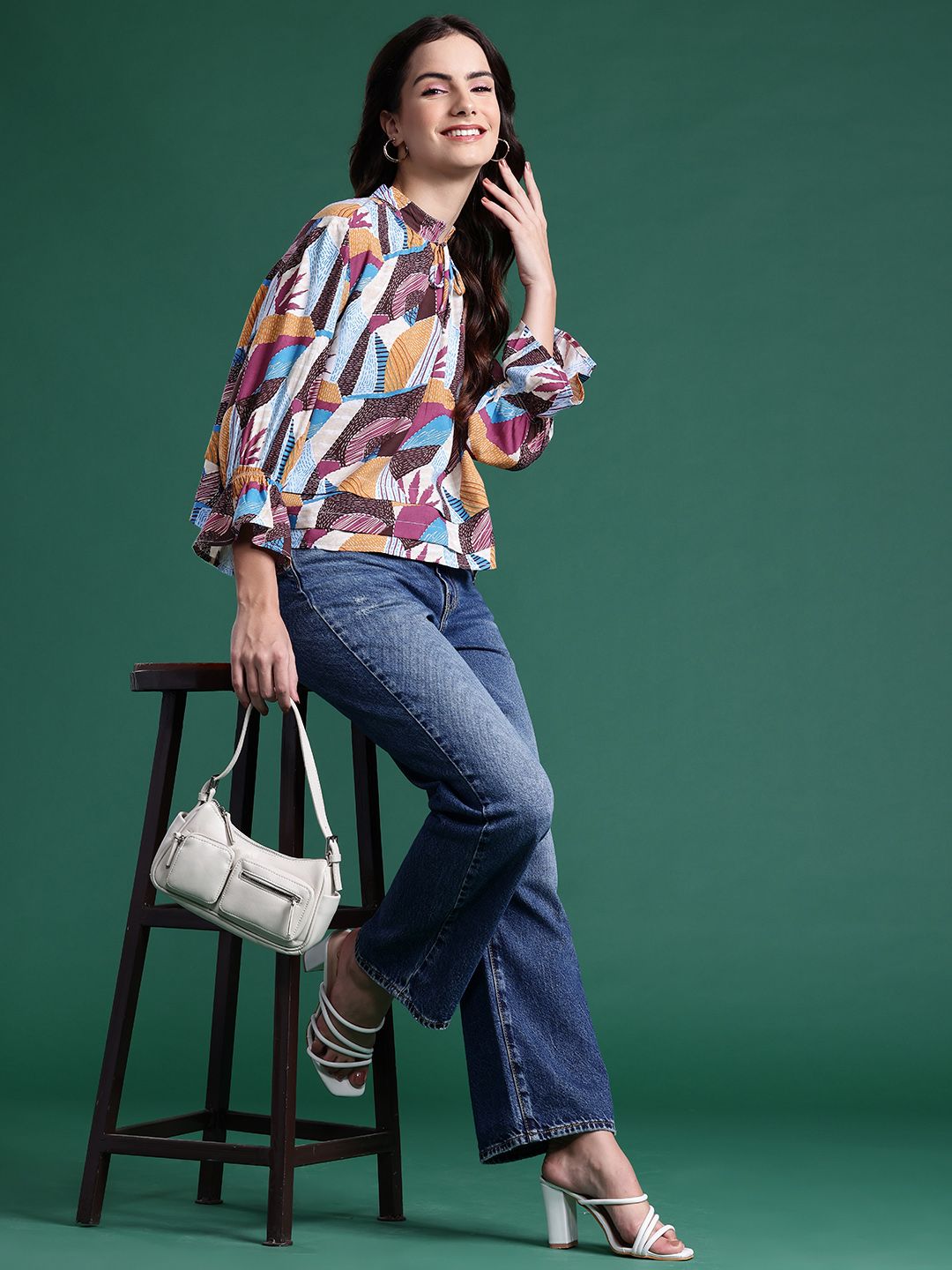 DressBerry Printed Tie-Up Neck Layered Top