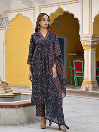 KALINI Floral Printed Pleated Straight Kurta With Trousers & Dupatta
