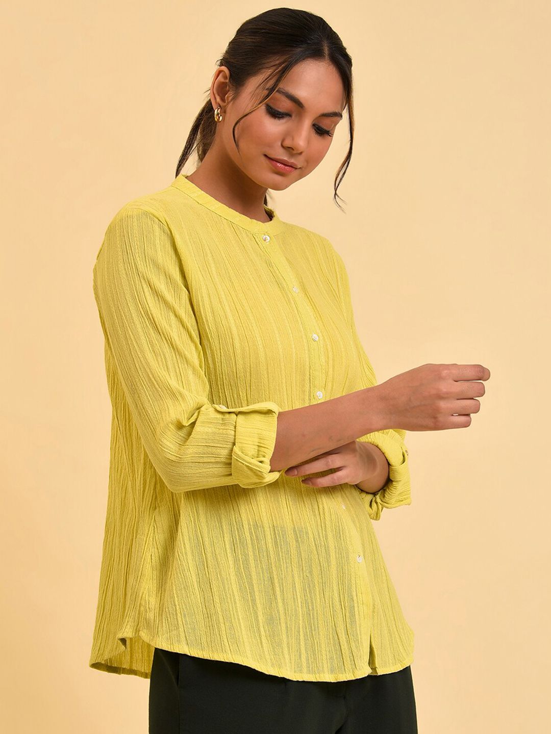 W Green Cotton Shirt Style Top
