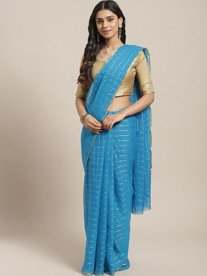 Saree mall Blue & Gold-Toned Checked Zari Sarees