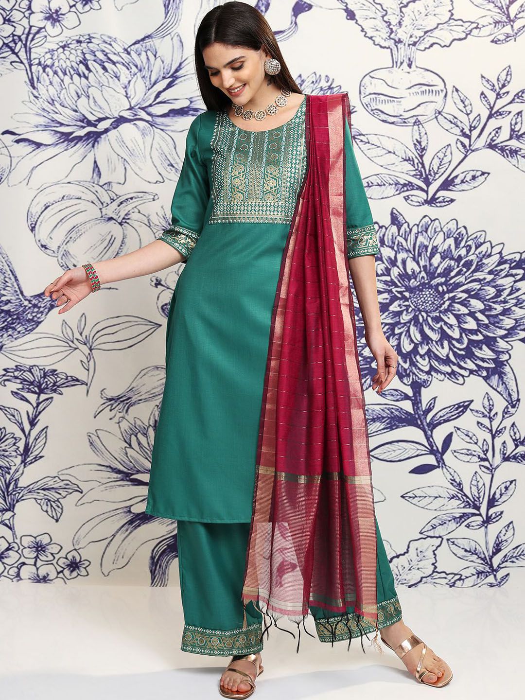 Vishudh Green Ethnic Motifs Yoke Design Regular Straight Kurta With Palazzos & Dupatta
