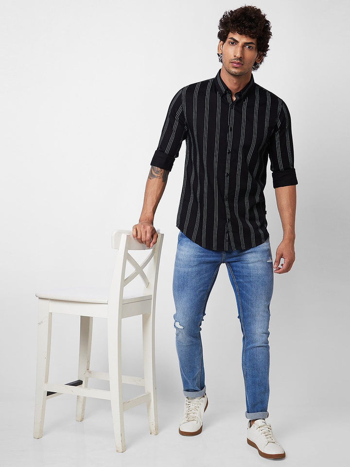 SPYKAR Vertical Stripes Spread Collar Long Sleeves Cotton Casual Shirt