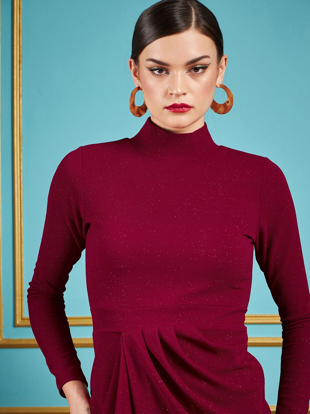 SASSAFRAS Maroon Self Design Gathered Detail High Neck Sheath Dress