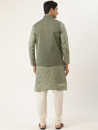SOJANYA Men Green & Off-White Ethnic Motifs Kurta with Churidar & Nehru Jacket