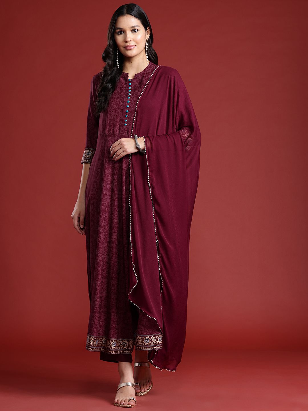 Anouk Printed Gotta Patti Anarkali Kurta with Trousers & Dupatta