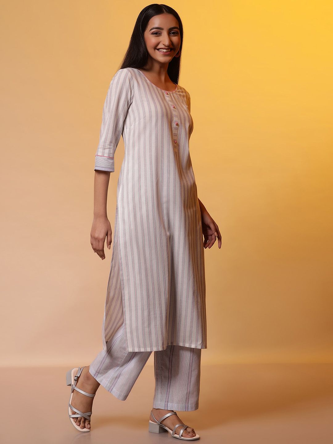 AURELIA Round Neck Striped Regular Pure Cotton Straight Kurta with Palazzos