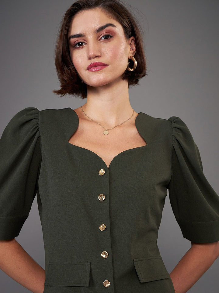 SASSAFRAS worklyf Olive Green Puff Sleeves Top & Trousers Co-Ords