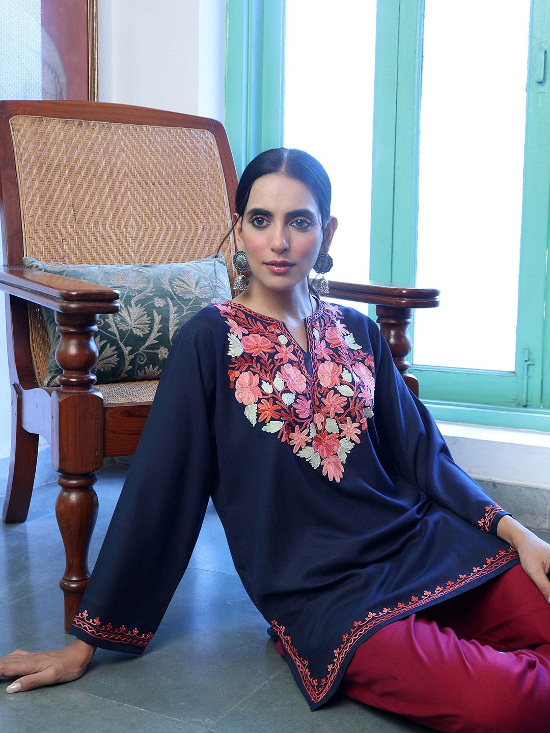 House of Chikankari Women Navy Blue Cotton Aari Sulam Kurta
