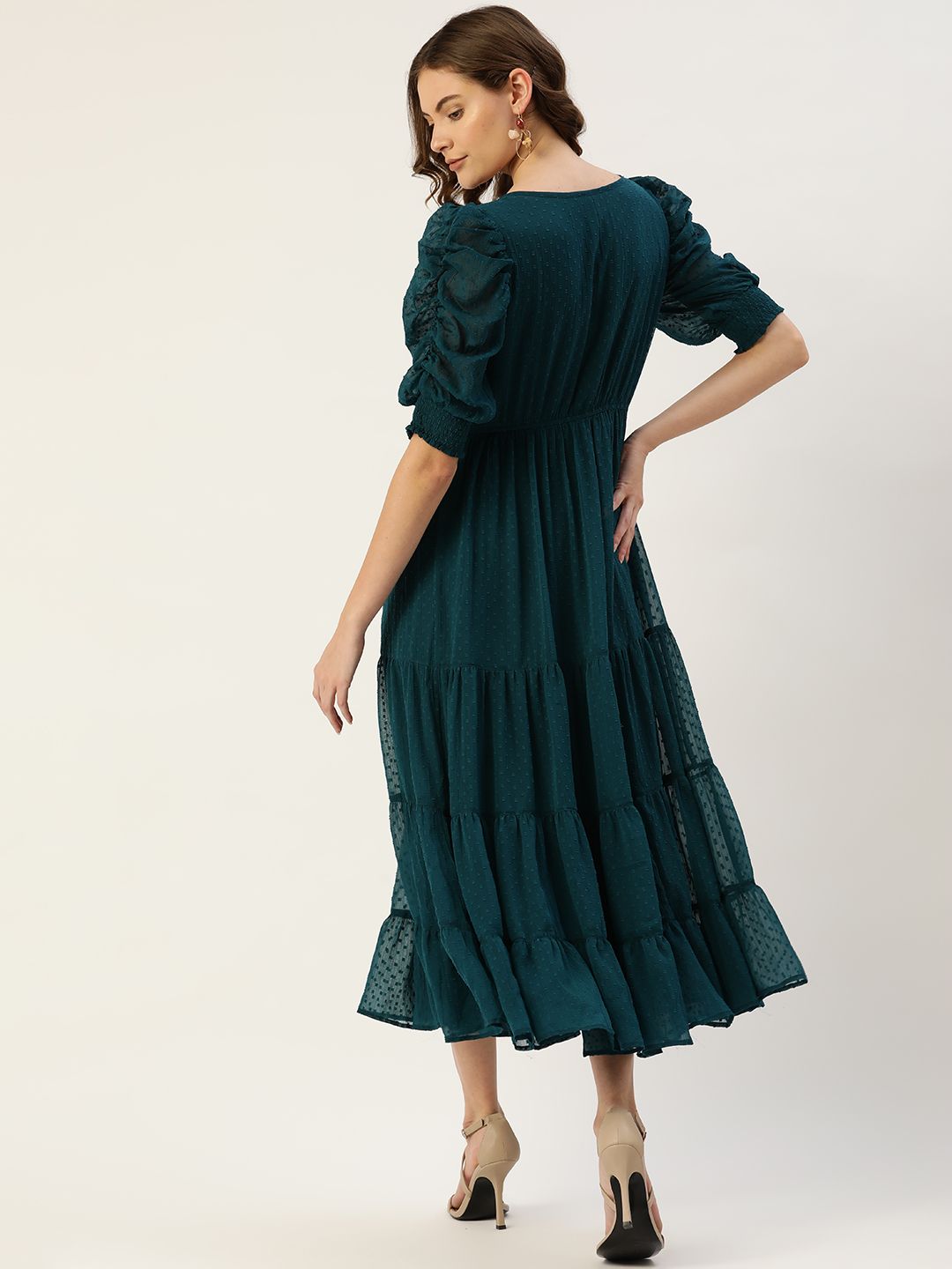 Antheaa Teal Green & Brown Floral Dobby Woven Embellished Maxi Tiered Dress