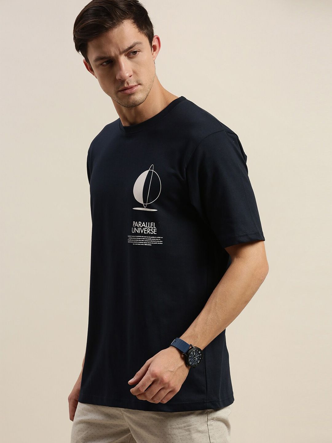 Difference of Opinion Men Navy Blue  White Typography Printed Loose Fit Pure Cotton T-shirt