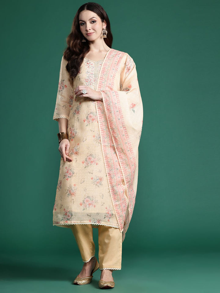 Indo Era Floral Embroidered Sequinned Linen Kurta with Trousers & With Dupatta