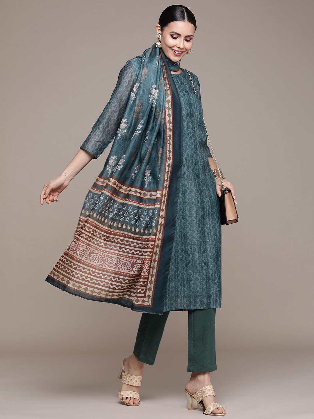 Anouk Women Teal Printed Regular Kurta with Trousers