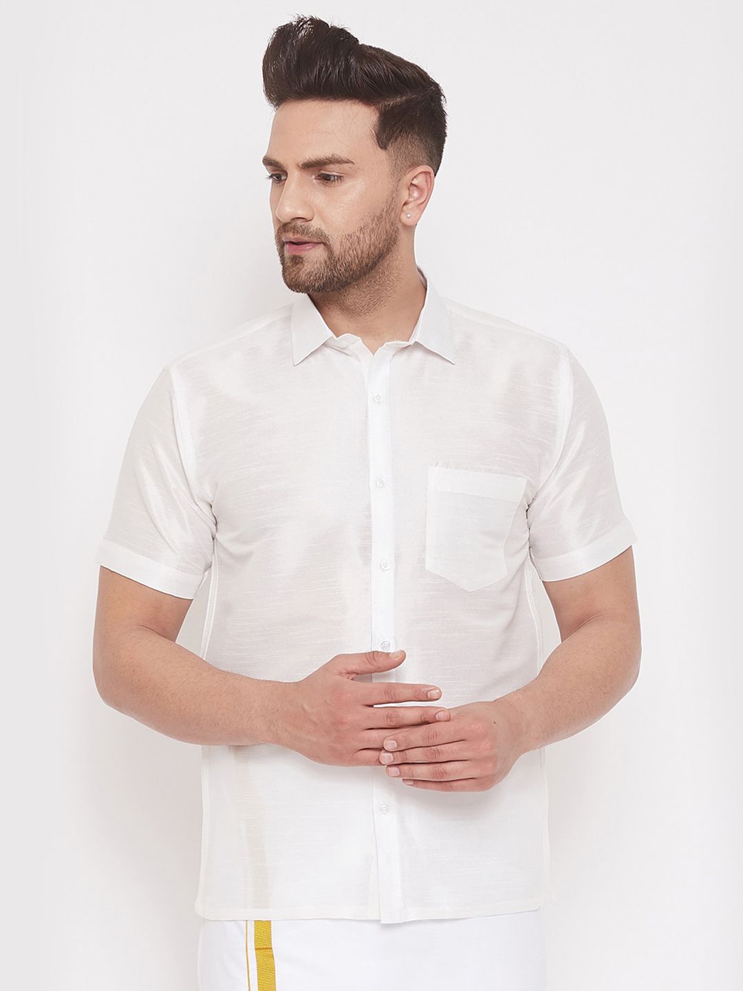 VASTRAMAY Premium Spread Collar Silk Shirt