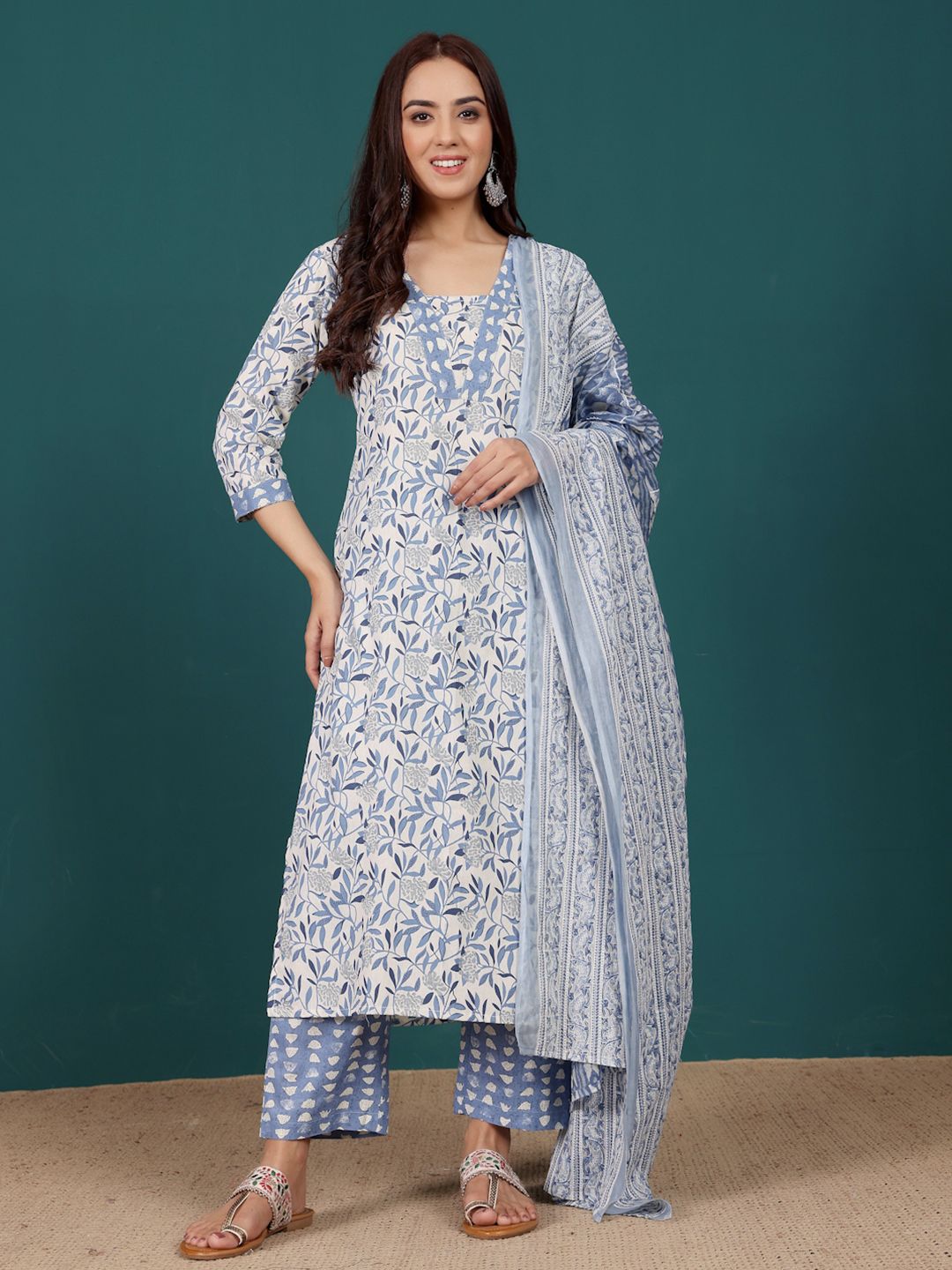 Varanga Floral Printed V-Neck Pure Cotton Straight Kurta With Trousers & Dupatta