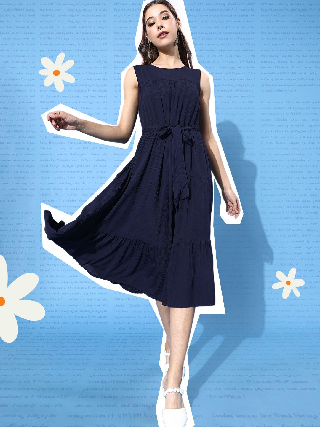 DressBerry Women Navy Blue Solid Tiered A-Line Dress