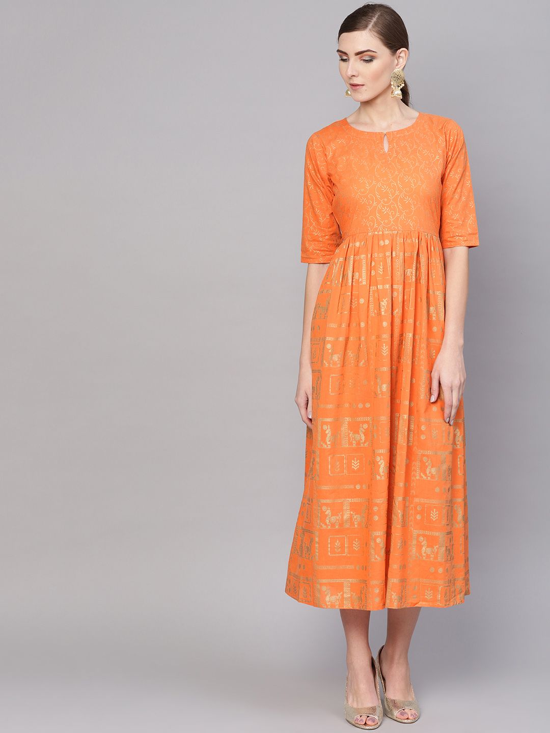 Gerua By Libas Women Orange  Golden Block Print Maxi Dress