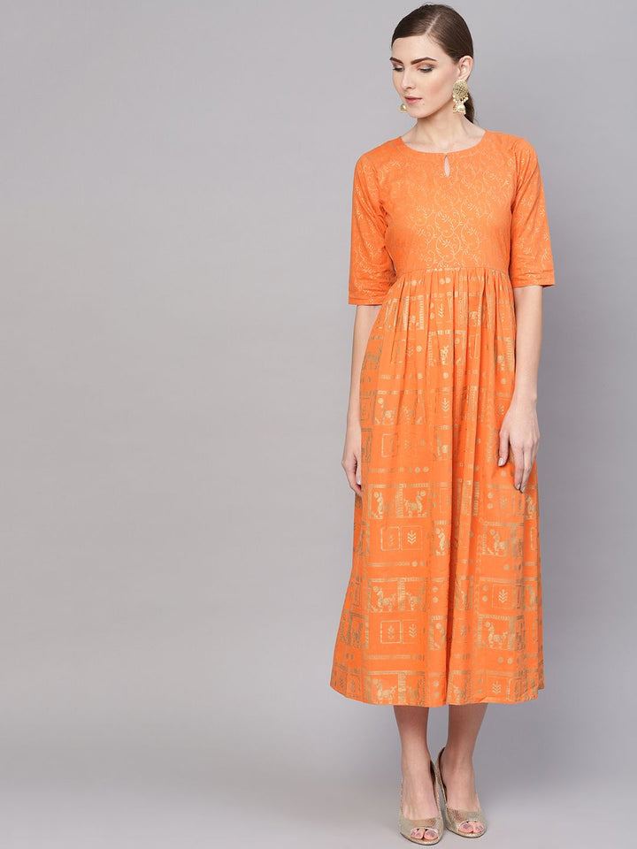 Gerua By Libas Women Orange  Golden Block Print Maxi Dress