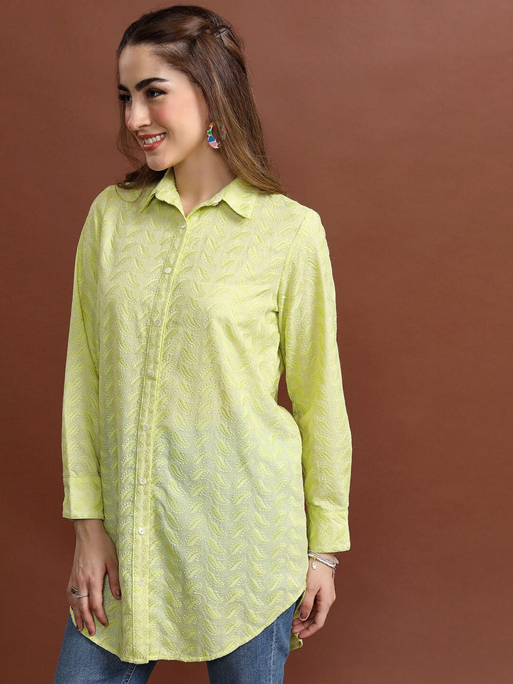Vishudh Lime Green Floral Embroidered Casual Shirt