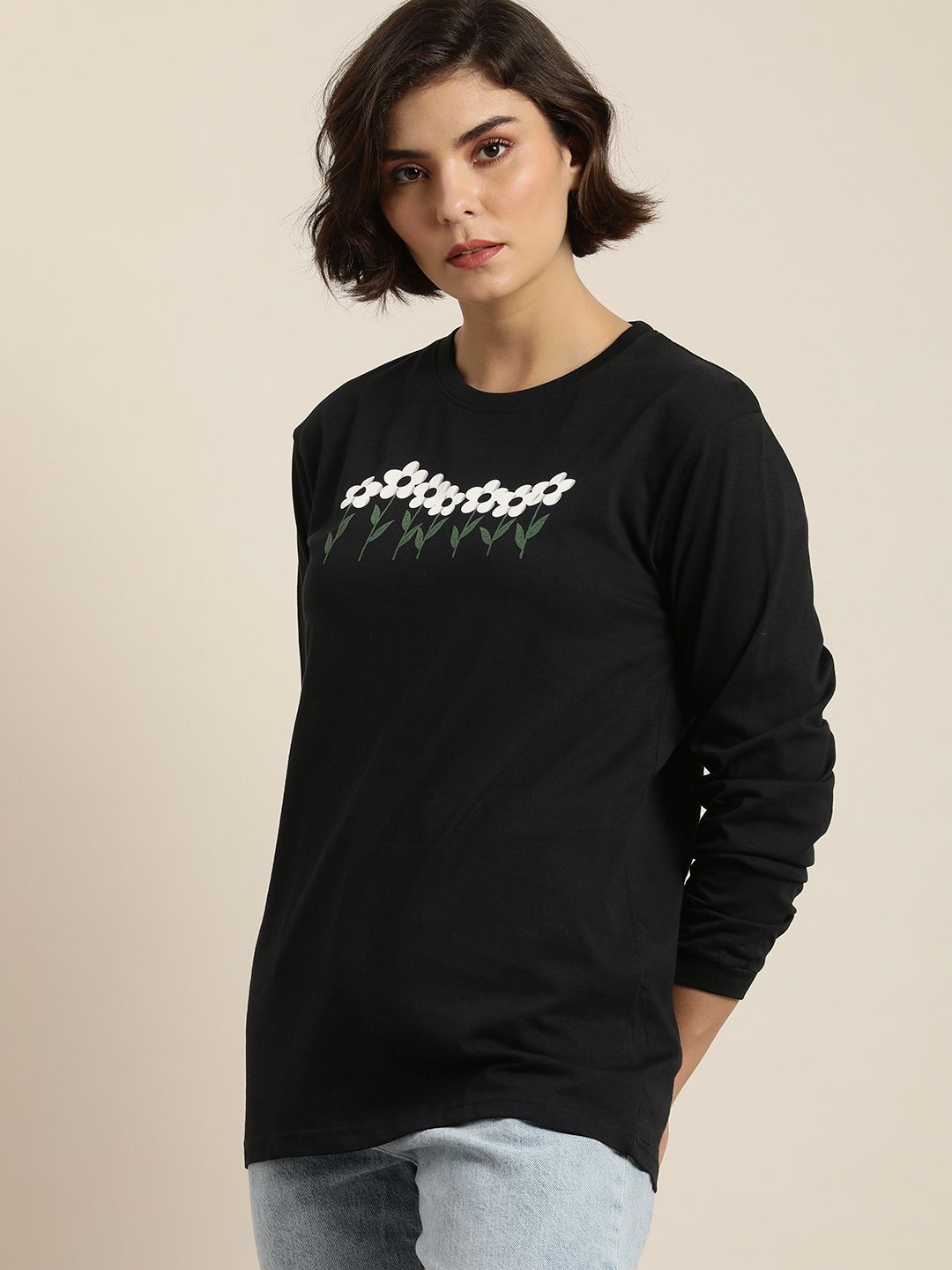 DILLINGER Women Black & White Printed Pure Cotton Loose T-shirt