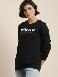 DILLINGER Women Black & White Printed Pure Cotton Loose T-shirt