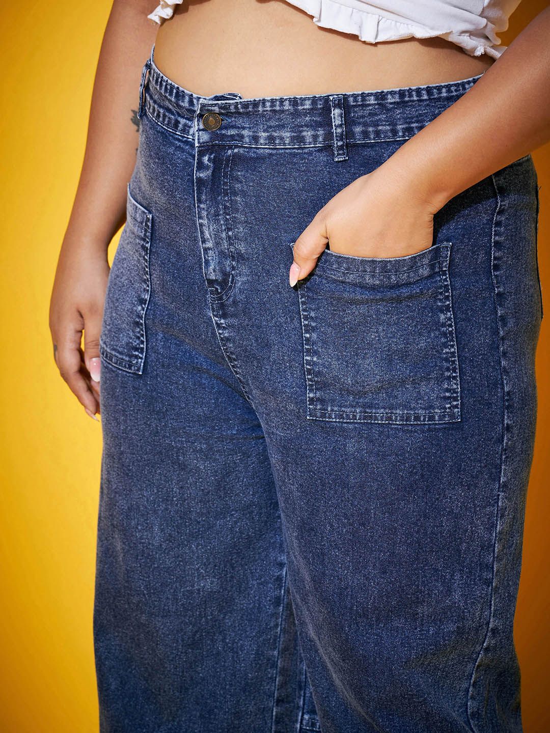 SASSAFRAS Curve Women Blue High-Rise Comfort Straight Fit Acid Wash Stretchable Jeans
