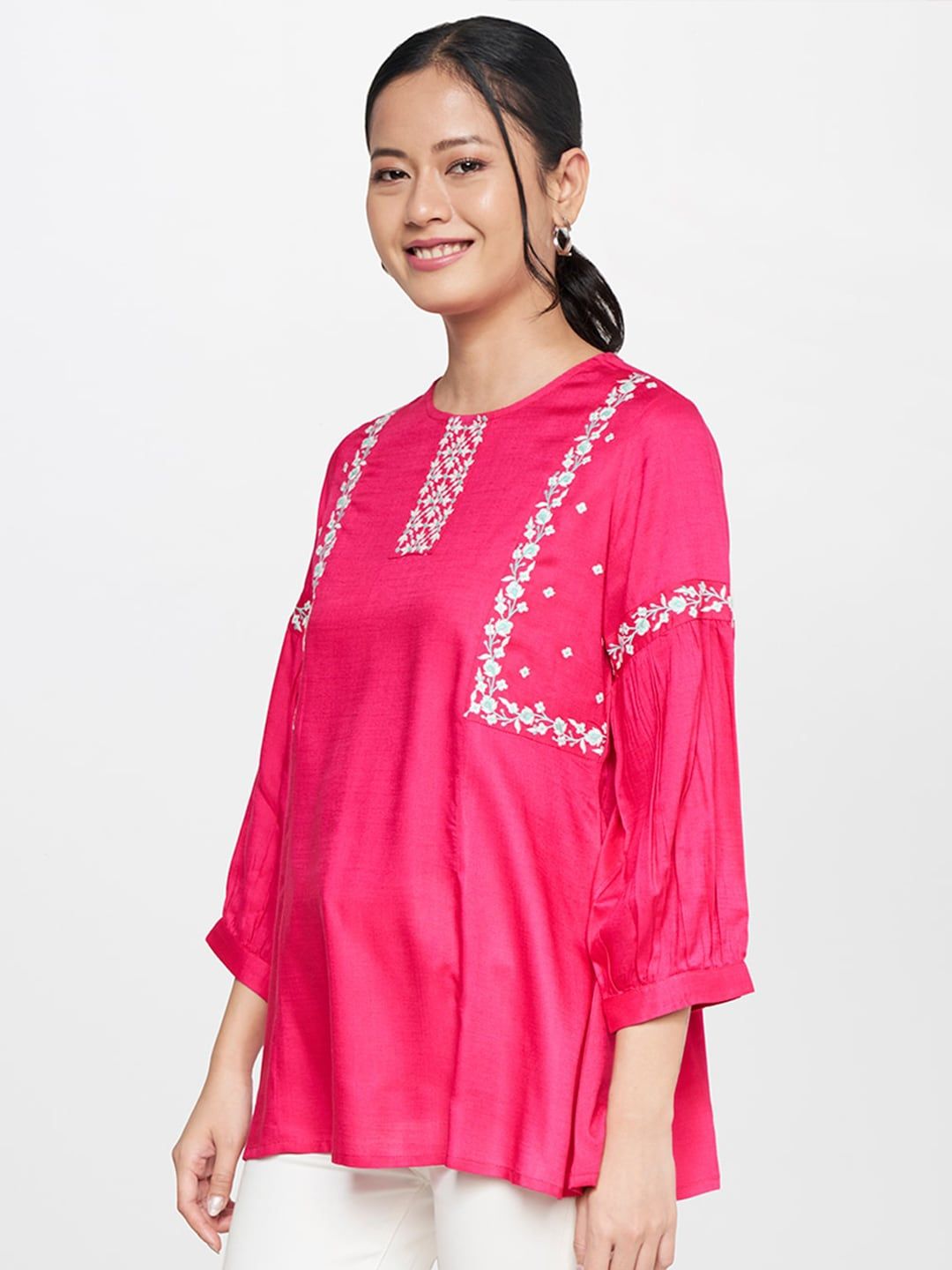 Global Desi Floral Embroidered Puff Sleeves Top