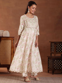 Libas Floral Printed Panelled Thread Work Pure Cotton Kurta with Trousers & With Dupatta