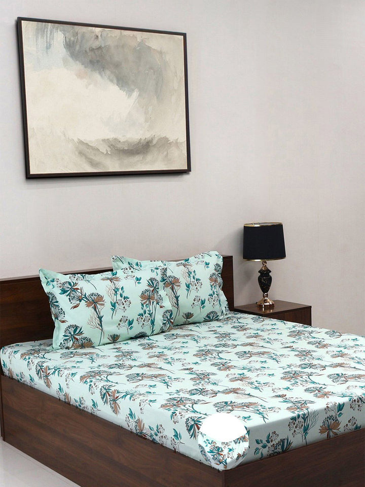 BOMBAY DYEING Green Floral Cotton 140 TC Queen Fitted Bedsheet Set-1.52 m X 1.98 m X 30 cm