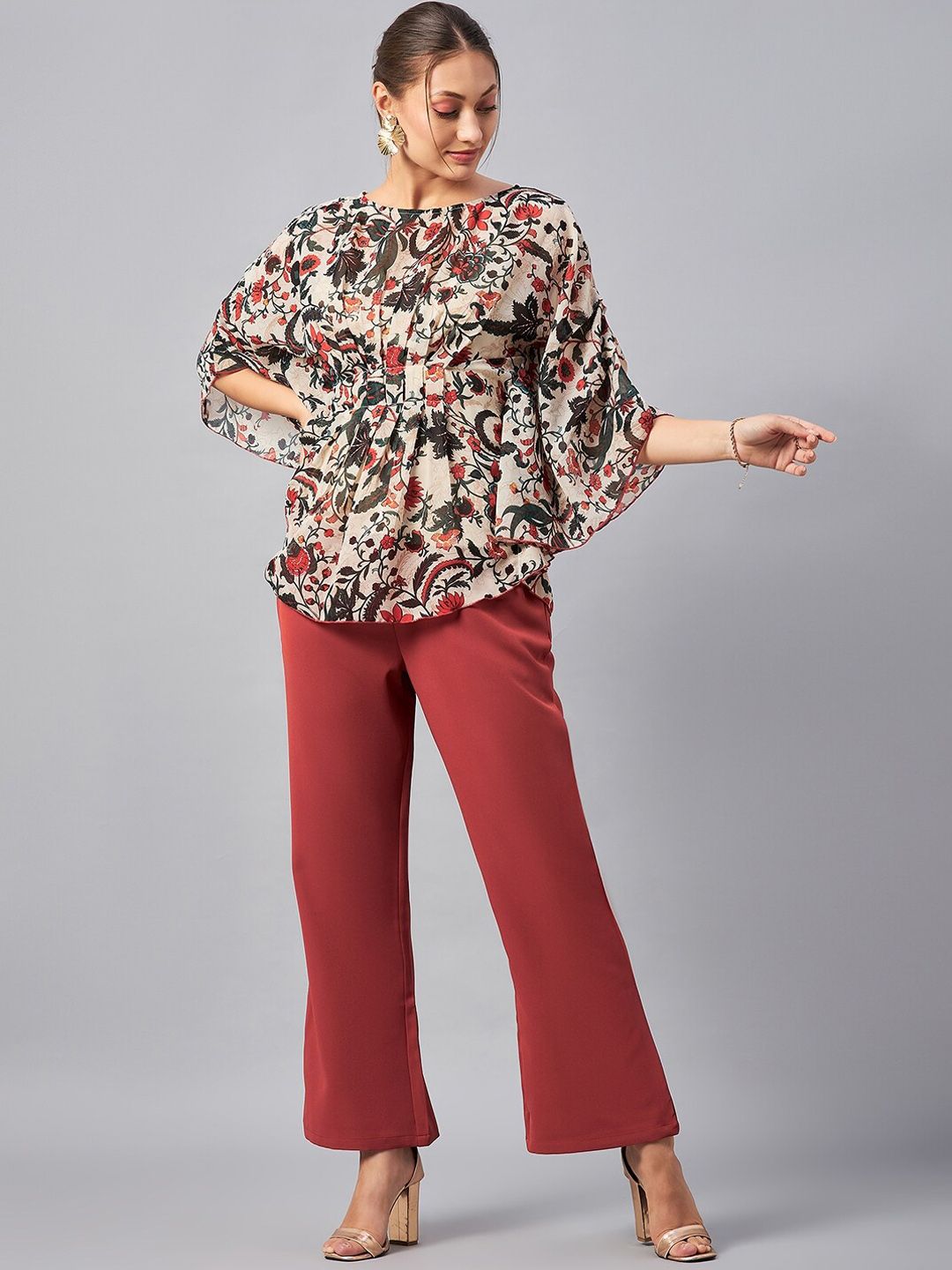 Antheaa Floral Printed Boat Neck Tunic With Trousers