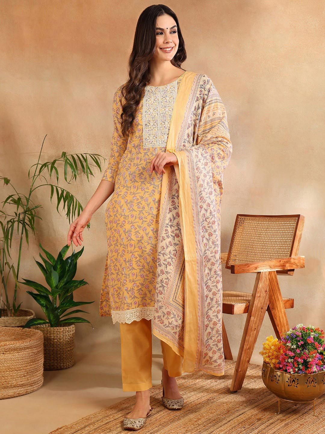 KALINI Floral Printed Regular Thread Work Straight Kurta with Trousers & Dupatta